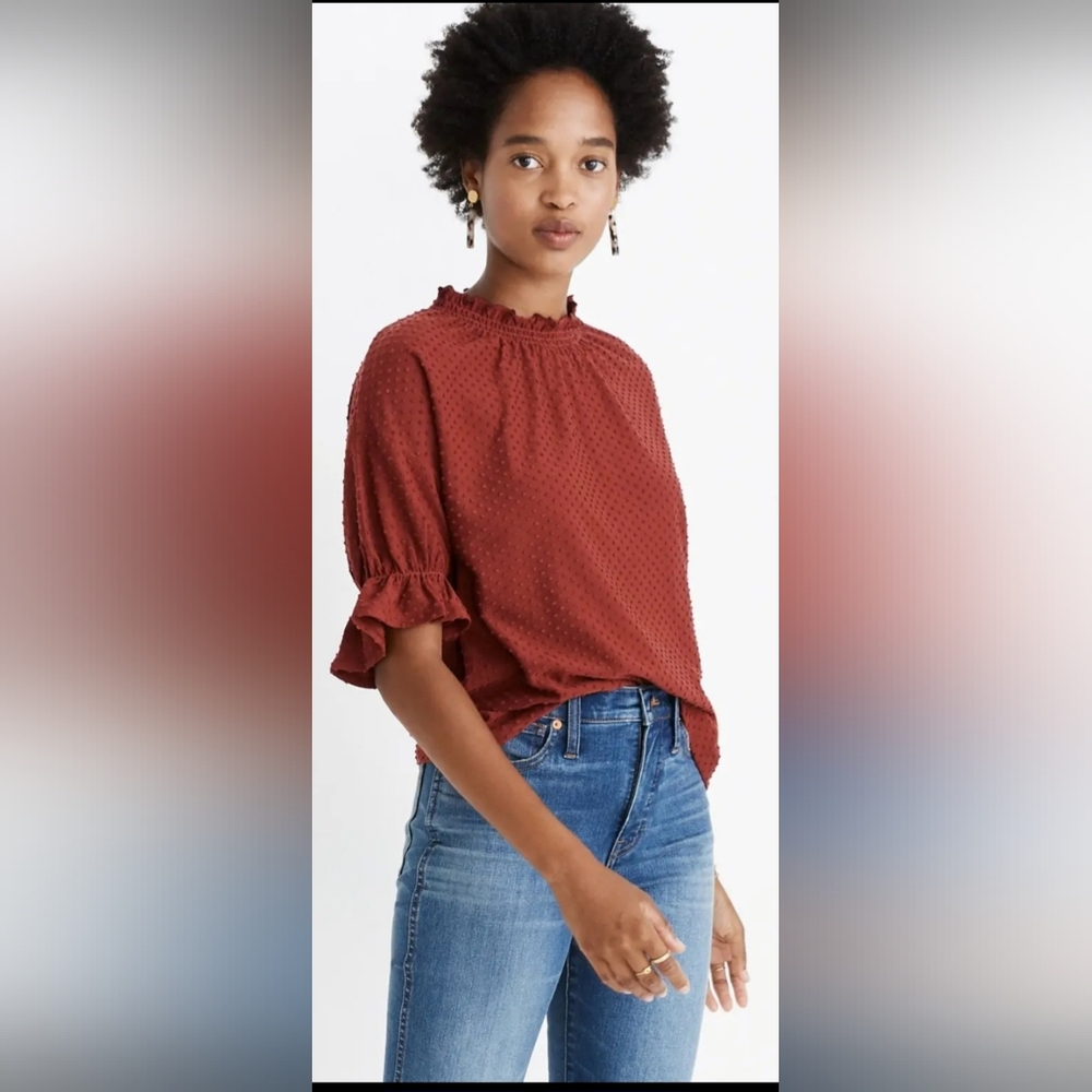 Madewell Texture & Thread Small Rust Mock Neck Puff Half Sleeve Clipdot Blouse
